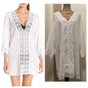 Isaac Mizrahi Elegant White Lace Crochet Trim Swim Daisy Cover-Up Size Large